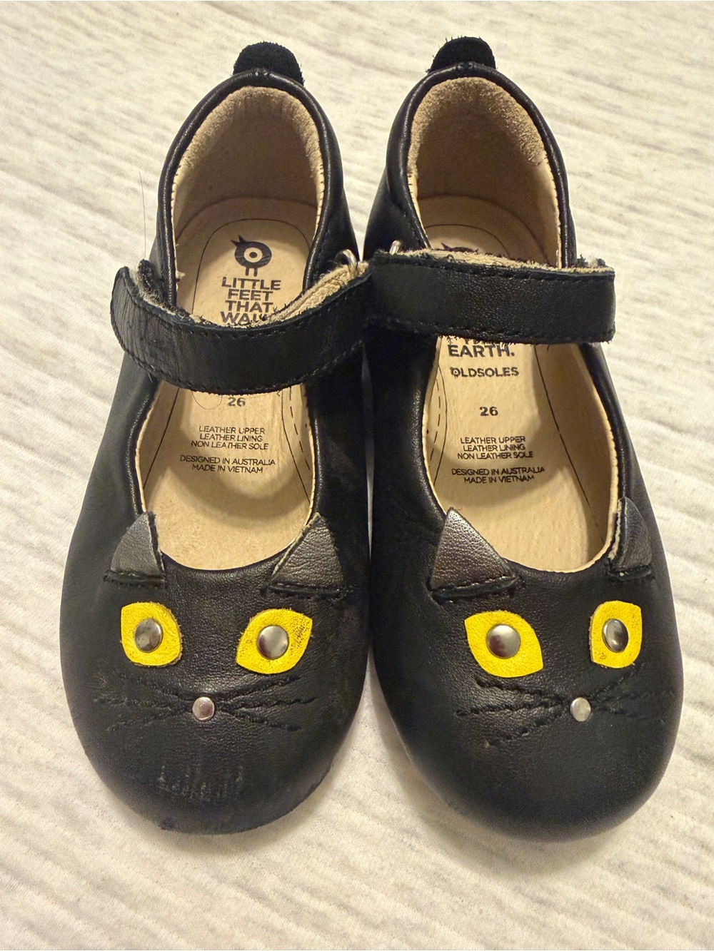 Old Soles Black Mary Janes with Yellow Cat Eyes